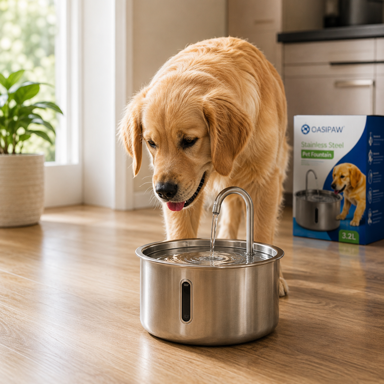 Dog discovering the OASIPAW water fountain